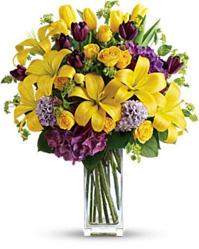 <div id="mark-3" class="m-pdp-tabs-marketing-description">Celebrate the dawn of a new season with this fresh burst of color. A wide assortment of bright yellow and purple blooms are delivered in a statement vase - perfect for the spring or summer transition.</div>
<div id="desc-3">
<ul>
<li>Yellow flowers, including asiatic lilies, roses and tulips, are joined with the pretty purple blooms of hydrangea, tulips and hyacinth.</li>
<li>Greens include bupleurum and salal. Presented in a tall, clear glass vase.<br />
<hr />
</li>
</ul>
</div>